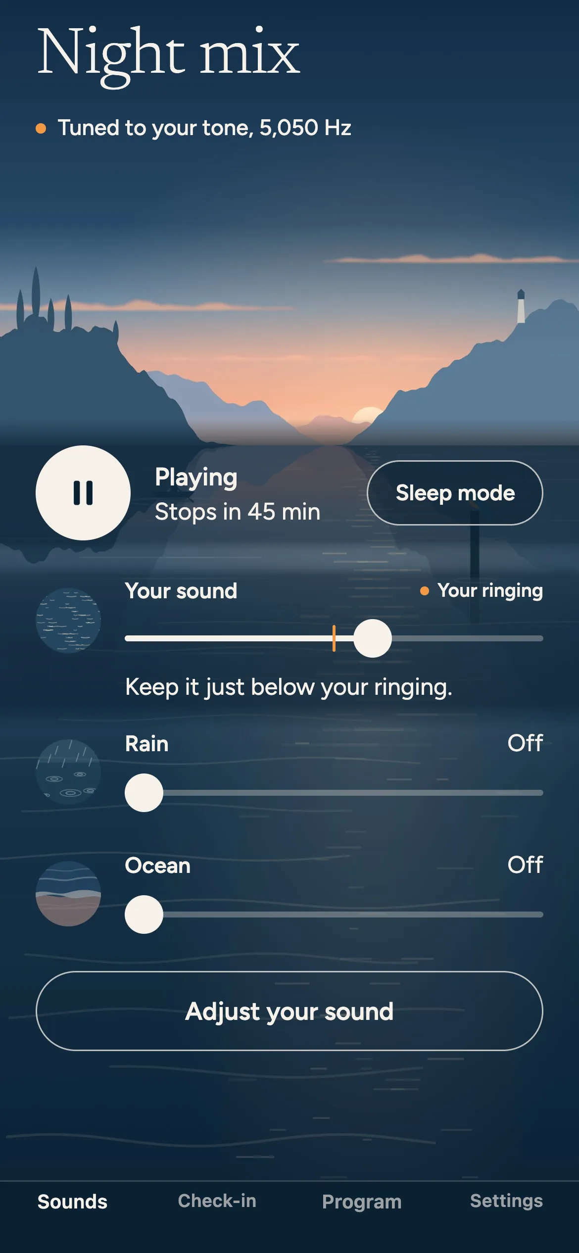 Night mix: your sound, rain and ocean, each with its own level. Playing, stops in 45 min.