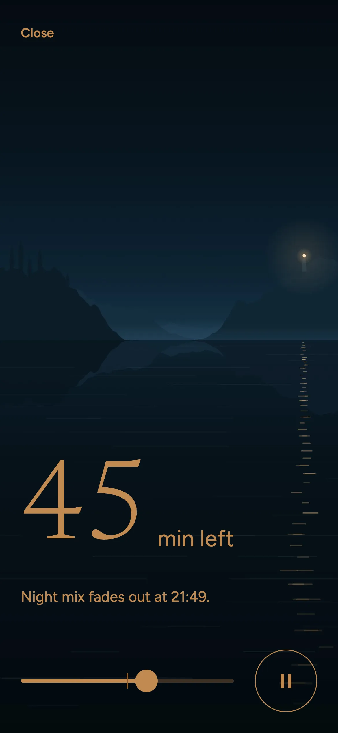 Sleep mode: 45 min left in dim amber. The night mix fades out at the end of the timer.